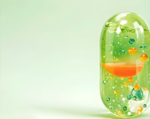 A translucent capsule filled with colorful droplets and bubbles against a light green background