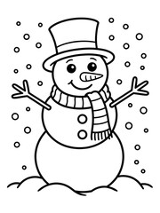 A black and white drawing of snowmen and a snowman, Cheerful smiling snowman character wearing a top hat with stick arms and a carrot nose winter holiday illustration