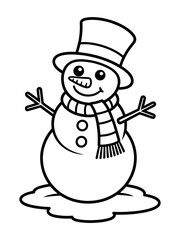A black and white drawing of snowmen and a snowman, Cheerful smiling snowman character wearing a top hat with stick arms and a carrot nose winter holiday illustration