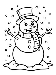 A black and white drawing of snowmen and a snowman, Cheerful smiling snowman character wearing a top hat with stick arms and a carrot nose winter holiday illustration
