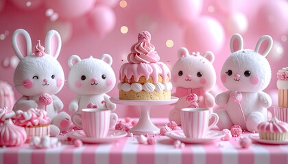 Cute White Rabbits Enjoying Pink Birthday Cake Tea Party