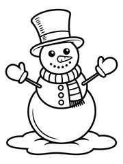 A black and white drawing of snowmen and a snowman, Cheerful smiling snowman character wearing a top hat with stick arms and a carrot nose winter holiday illustration