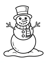 A black and white drawing of snowmen and a snowman, Cheerful smiling snowman character wearing a top hat with stick arms and a carrot nose winter holiday illustration