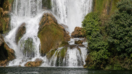 Fototapeta premium Cascading whispers of verdant waterfall evoke Earth's lush heartbeat, celebrating World Water Day and International Forest Bathing Day