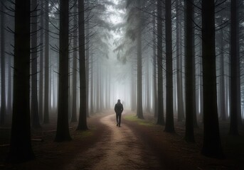 A person walking down a path in a dark forest