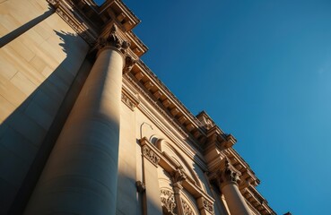 Obraz premium Architectural detail on sandstone building facade. Ornate columns and cornices against clear blue sky. Sunlight casts long shadows on the textured stone wall, highlighting classical design elements.