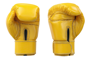 Pair of bright yellow leather boxing gloves, detailed stitching shown