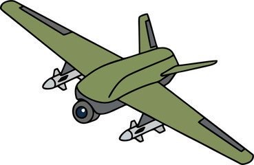 Cartoon Military Attack Drone Vector Illustration, Top View Green UAV with Missiles and Surveillance Camera
