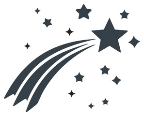 Dark star with comet tail illustration icon on white backdrop, space symbol graphic