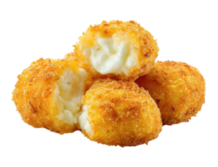 Golden-brown fried cheese balls, one cut open revealing melted white filling, stacked