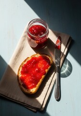A piece of bread with a jar of jam on top of it