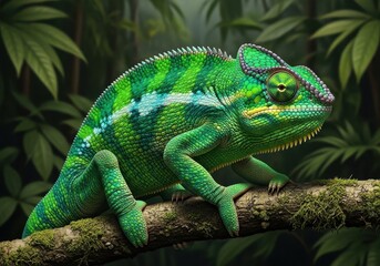 Obraz premium A green chameleon sitting on a branch in the jungle
