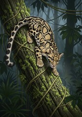 A jaguar is sitting on a tree branch in the jungle