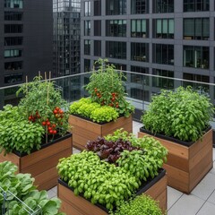 A group of wooden planters filled with vegetables on top of a roof