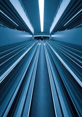 An escalator in a modern building with a blue light at the end