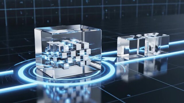 Explore a cutting-edge world where data is visually represented as luminous cubes. Witness a dynamic cargo transport system merging technology and design in brilliant detail.