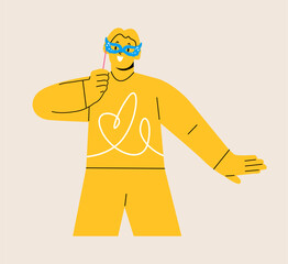 Woman holding party mask. Colorful vector illustration