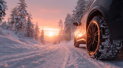 Vehicle drives on snowy forest road at sunset.