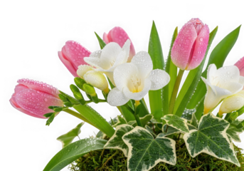 Delicate pink tulips and white freesia flowers bloom in a lush green floral arrangement with ivy leaves