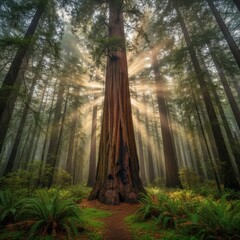 A large tree in the middle of a forest with sunbeams shining through the trees