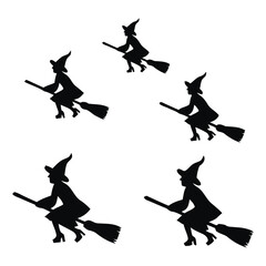 Witch Flying Silhouette SVG Bundle, Halloween Clipart Set, Broomstick Vinyl Decal