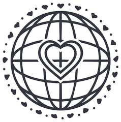 Earth with heart symbol surrounded by heart shapes, vector graphic.