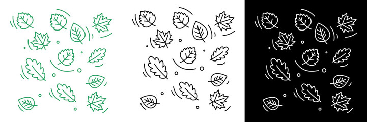 Outlined leaves swirling in motion, displayed in green, black, and white. Great for autumn, seasonal decoration, nature backgrounds, and eco-friendly design themes.