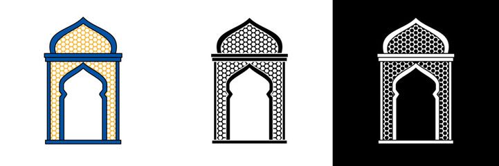 An elegant Islamic arch with a detailed geometric pattern, symbolizing the entrance to a mosque. This icon represents faith, prayer, and Islamic architecture in a clean modern style.