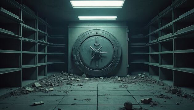 Metal vault door shut in empty bank safe room. Bare shelves line walls inside chamber. Scattered money, debris cover dirty floor. Scene suggests financial crisis, loss, theft aftermath, economic