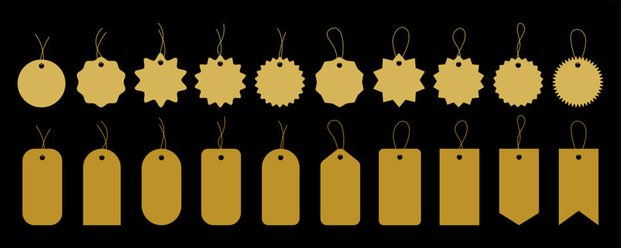 A set of golden round and rectangular price tags with a thread, isolated on a black background, vector illustration, flat design. Different forms of empty tags for offers, announcements, discounts