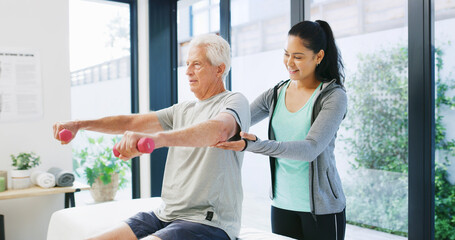 Physical therapy, weights and woman with senior man for mobility, rehabilitation and physiotherapy. Healthcare, chiropractor and patient with dumbbells for stretching, muscle recovery and strength