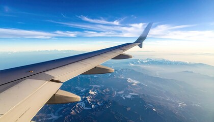 Obraz premium Aerial view of a wing, clouds, mountains, and blue sky