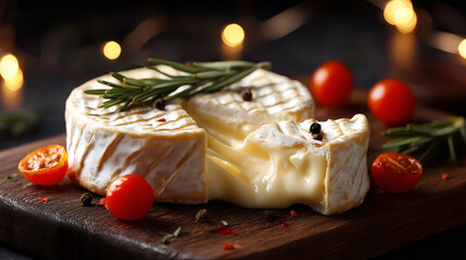 Soft cheese with gooey center, rosemary, cherry tomatoes, and peppercorns on wood board. Ideal for editorial, culinary, gourmet, or festive food photography themes.
