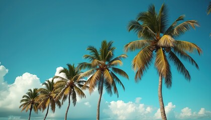 Coconut palm trees sway gently in the breeze against a vibrant blue sky with white clouds. Tropical scenery showcases tall palm trees with green and yellow leaves. Serene and idyllic atmosphere.