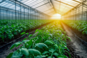 Golden sunlight pours into a greenhouse filled with thriving tomato plants, showcasing vibrant green leaves and the promise of growth