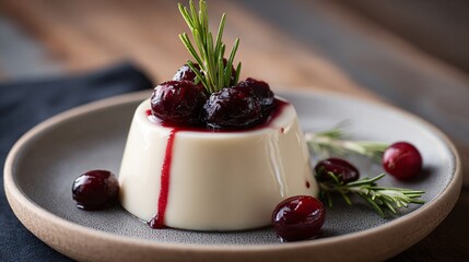 A cranberry panna cotta with rosemary garnish, minimalist styling