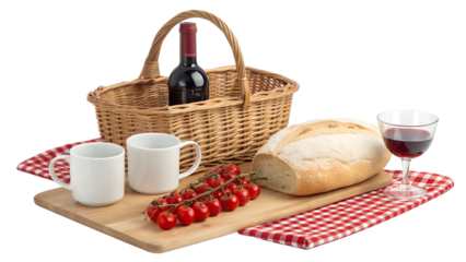 Classic Picnic Setup with Basket, Bread, Tomatoes, and Red Wine on a Checked Blanket