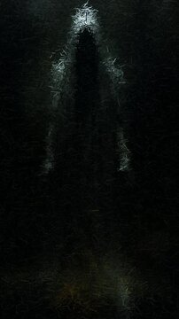 Terrible Scene with Floating Shrouded Figure with Pale Hands Emerging from Dark Mist in Tattered White Cloak with Translucent Strands, Animation Made of Sharp Fragments