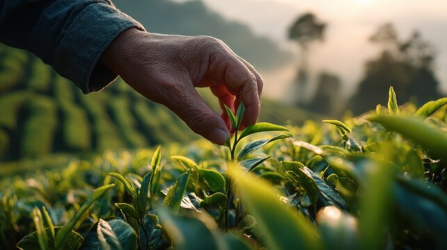 Close-up hand picking fresh tea leaves with terraced tea fields in background