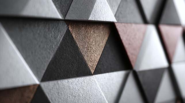 A close-up shot of a textured, geometric wall pattern with triangular shapes in various shades and metallic accents. The triangles are arranged in a repeating, honeycomb-like design - Powered by Adobe