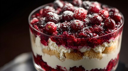 A cranberry trifle layers, overhead shot, festive red and white tones