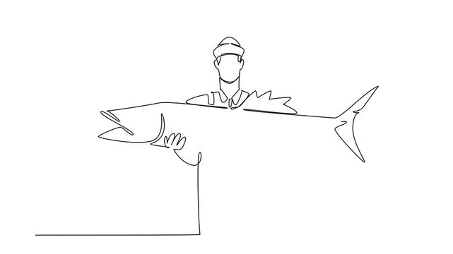 Self drawing animation of continuous one line drawing a man wearing a jumpsuit and hat holding a big fish. Very satisfying catch. High protein sea fish. Work. Fisherman Hold Fish. Full length animated