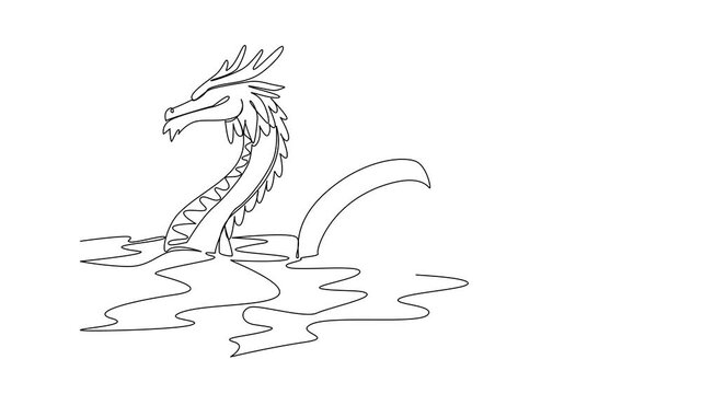 Animated self drawing of single one line drawing dragon with head and middle body visible on the surface, swim in sea full waves. Challenging competition. Dragon Boat Festival. Full length animation