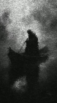 Terrifying Scene with Hooded Figure in Tattered Cloak Rowing Wooden Boat Through Fog-Covered Water with Bare Trees in Monochrome Setting, Animation Made of Sharp Fragments