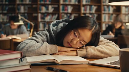 A tired asian girl student wearing glasses sleeps at a table in the library, resting her head on an open book, while other students are immersed in their studies.  - Powered by Adobe