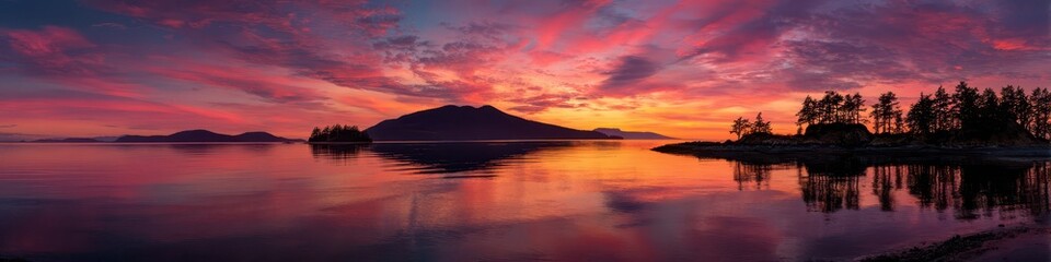 Fototapeta premium Orcas Island Washington Sunset. A panoramic view of a beautiful winter sunset over the San Juan Islands in Washington State
