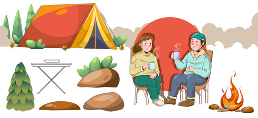 Vector illustration of campers relaxing with hot drinks near a tent and campfire in nature. Outdoor camping concept in flat cartoon style. Vector element camping illustration