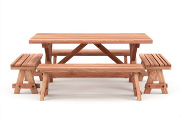 Outdoor Dining Graphic. Three-Dimensional Wooden Picnic Table and Benches with Brown Finish Isolated on Clean White Background
