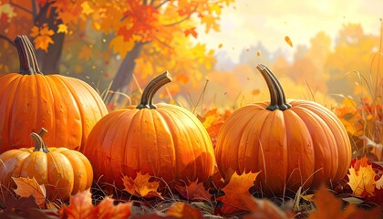 Naklejka premium Autumn pumpkins in a fall forest