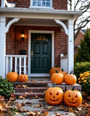 Obraz premium A Halloween themed scene in front of a house. Three jack o' lanterns are placed outside the front door, with two larger ones flanking a smaller one